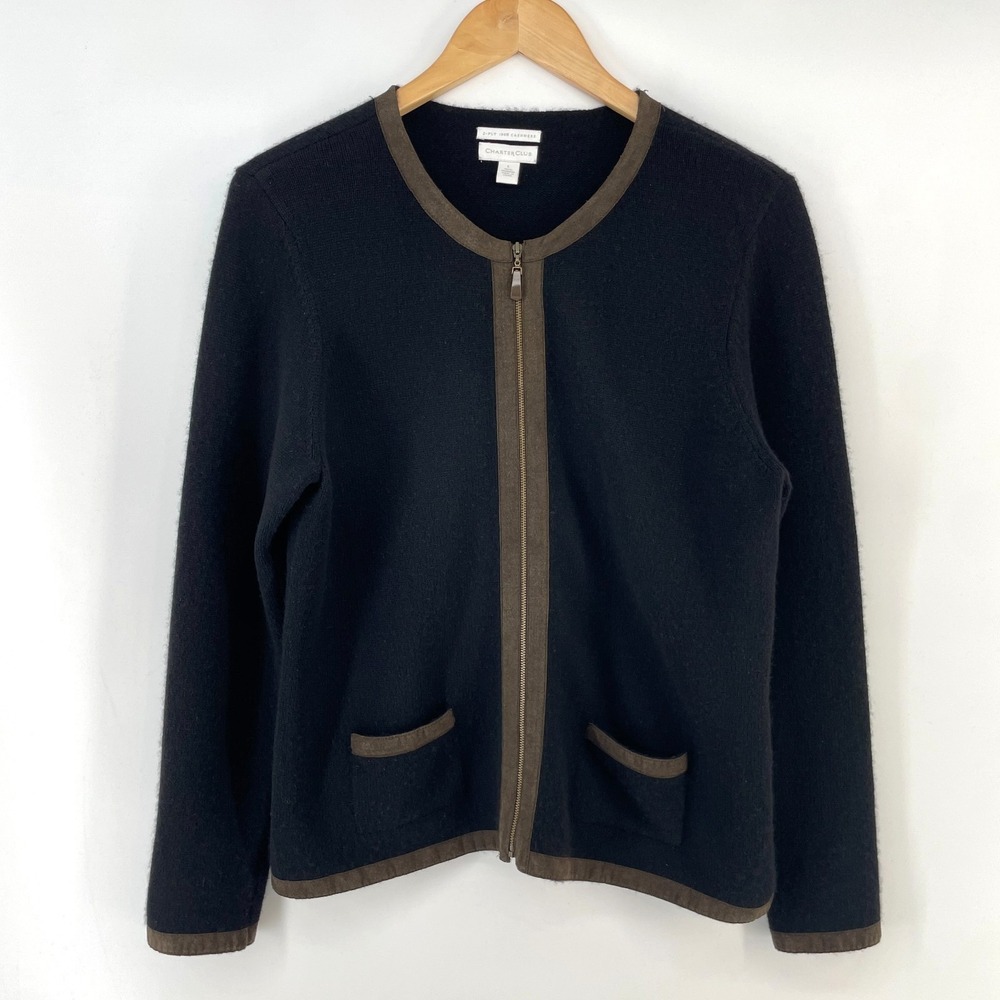 CHARTER CLUB 2-Ply  100% Cashmere Cardigan Sweater Women M Black Long Sleeve Zip